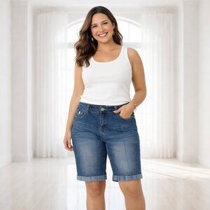 Blue Identity Bermuda Cuffed Jean Shorts Size 10P Embroidered Stretch Denim